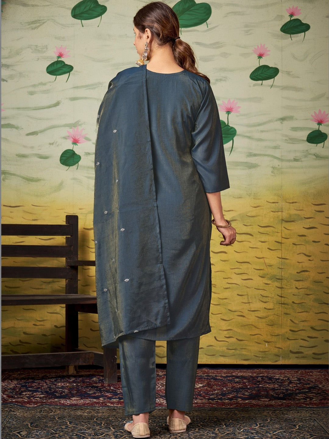 Embroidered Round Neck Kurti & Trousers With Dupatta