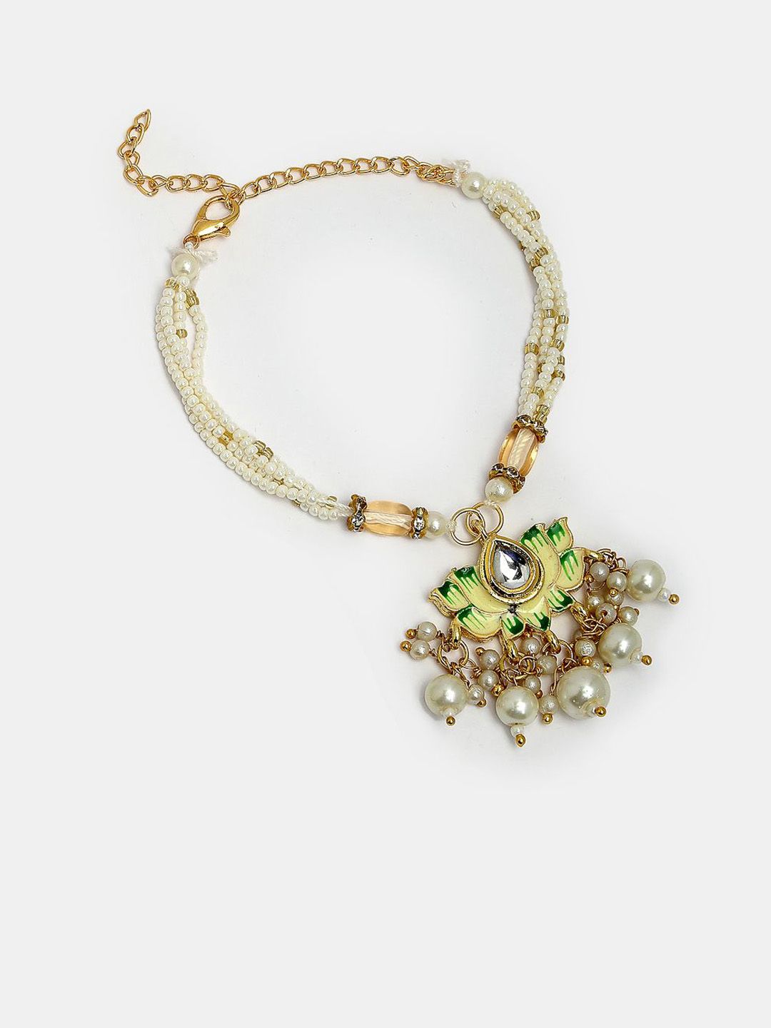 Dhiyona Unisex Set Of 2 Green Lotus Shape Kundan-Studded & Beaded Wraparound Rakhi Set