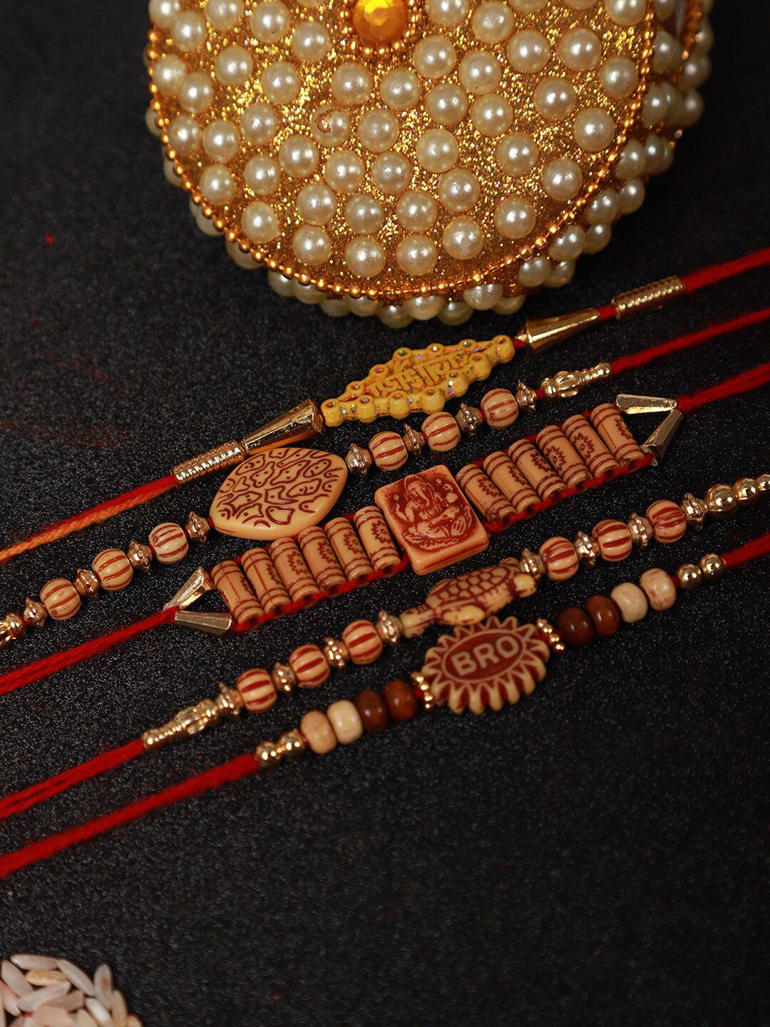 Dhiyona Set Of 5 Beaded Rakhis With Roli Rice & Greeting Card