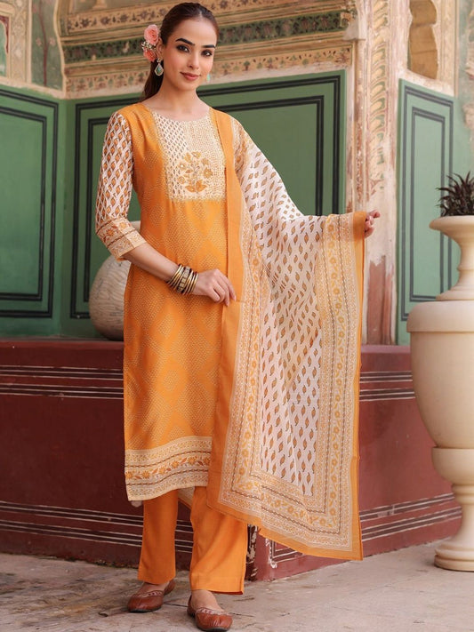 Dhiyona RR Women's Printed Chanderi Cotton Kurta with Trousers & Dupatta