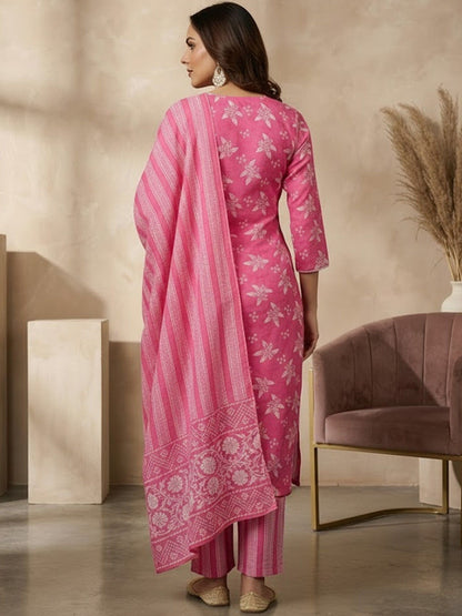 Printed Pure Cotton Round Neck Kurta & Trousers With Dupatta
