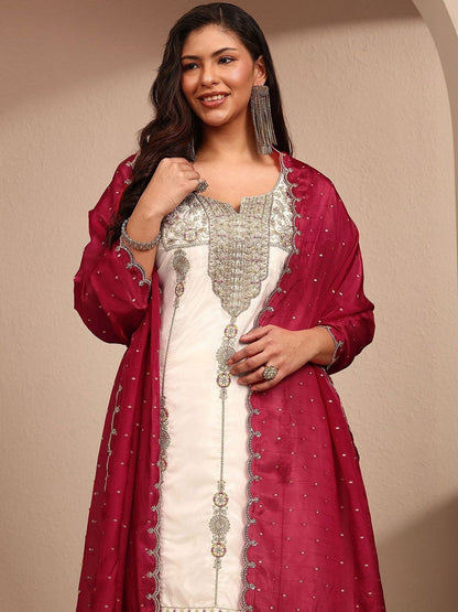 Dhiyona Women's Ethnic Motifs Embroidered Regular Thread Work Kurta with Palazzos & With Dupatta