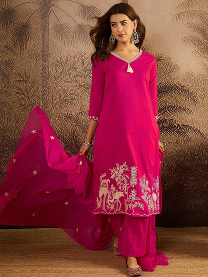 Thread Work Embroidered Kurta with Trousers & Dupatta