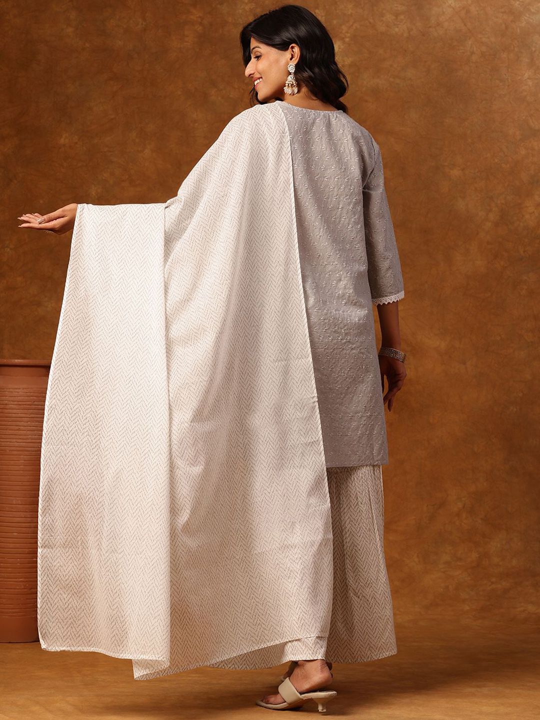 Dhiyona AN Embroidered Notch Neck Straight Kurta with Sharara & Dupatta