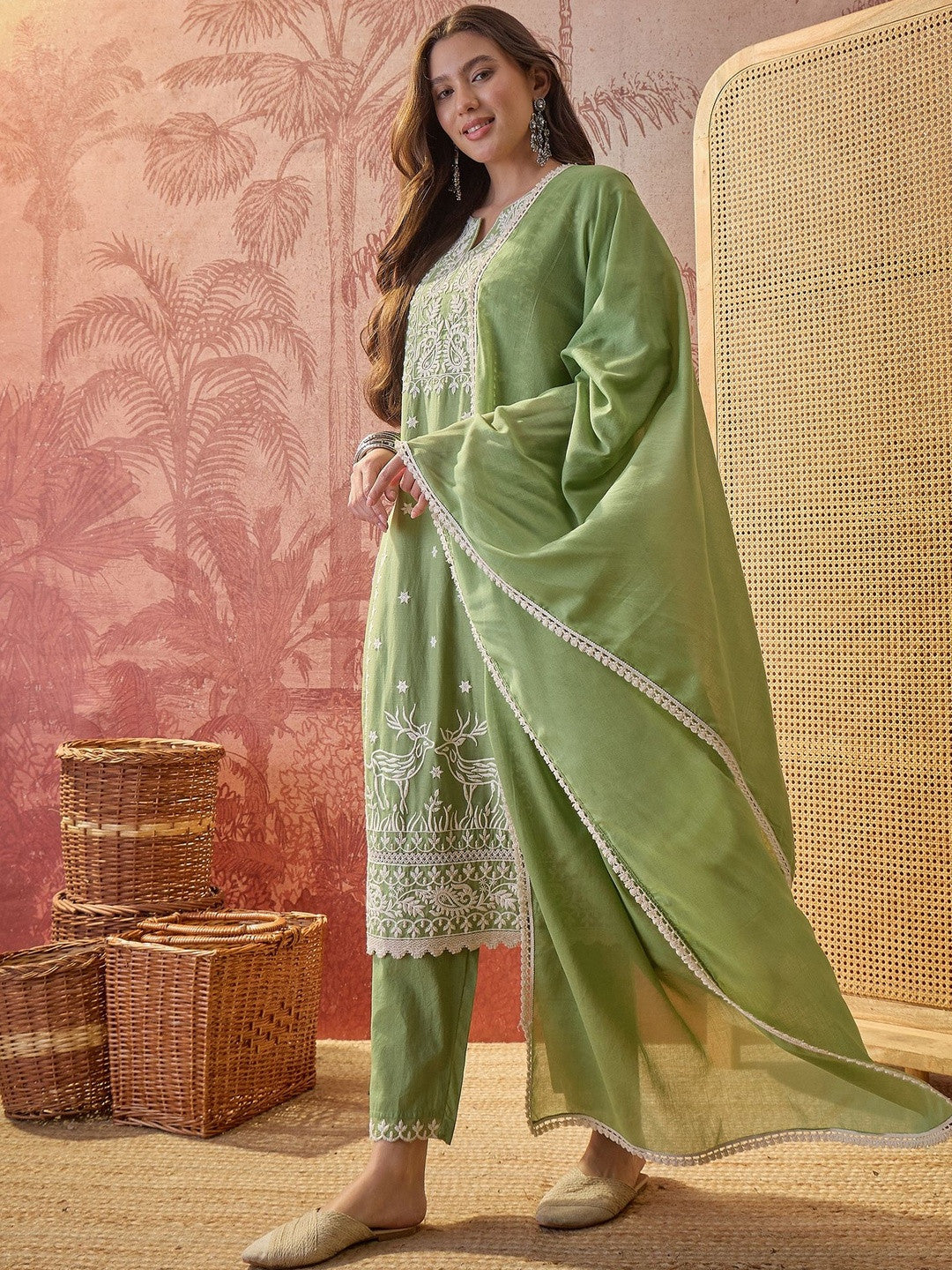 Embroidered Round Neck Kurta & Trousers With Dupatta