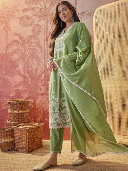 Embroidered Round Neck Kurta & Trousers With Dupatta