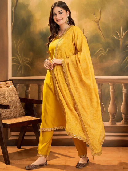 Floral Yoke Design V-Neck Sequinned Roman Silk Kurta With Trousers & Dupatta