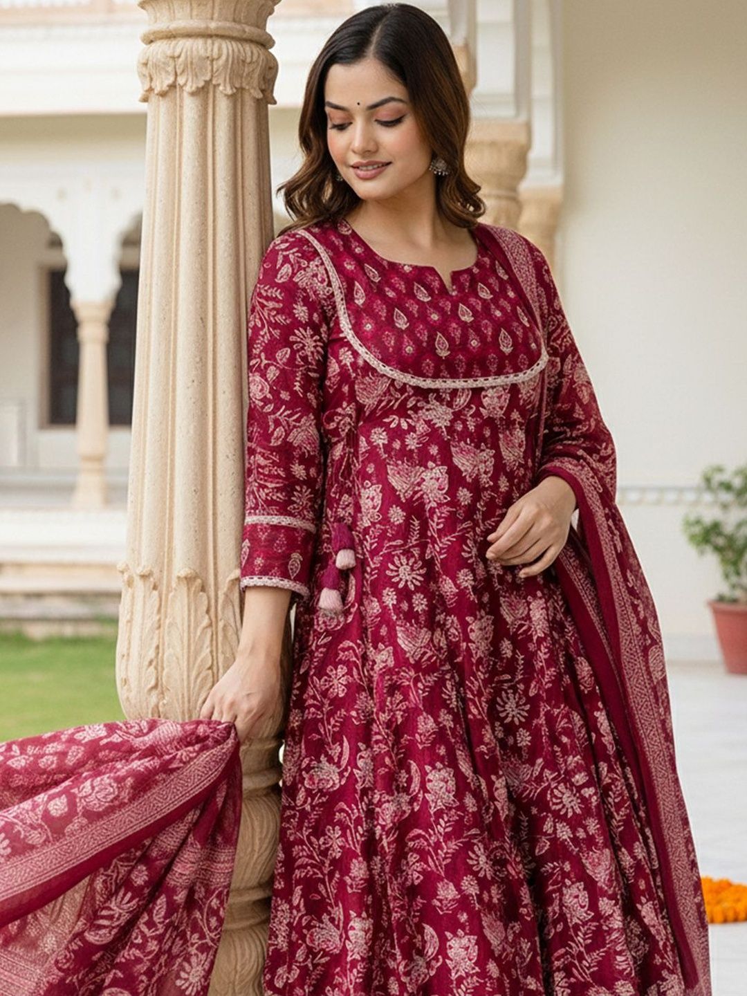 Dhiyona IE Floral Printed Panelled Pure Cotton Kurta With Trousers & Dupatta