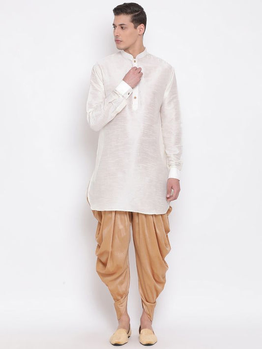 Men's Cream Silk Blend Pathani Kurta and Dhoti Set