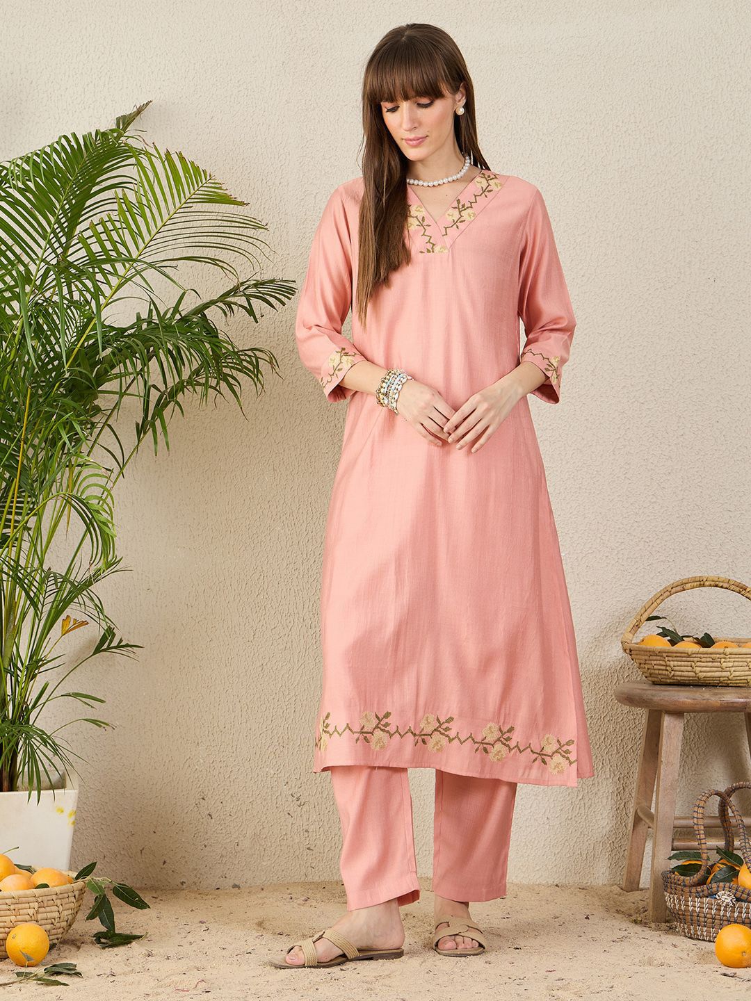 Dhiyona IE Floral Embroidered V-Neck A-Line Tunic With Trousers