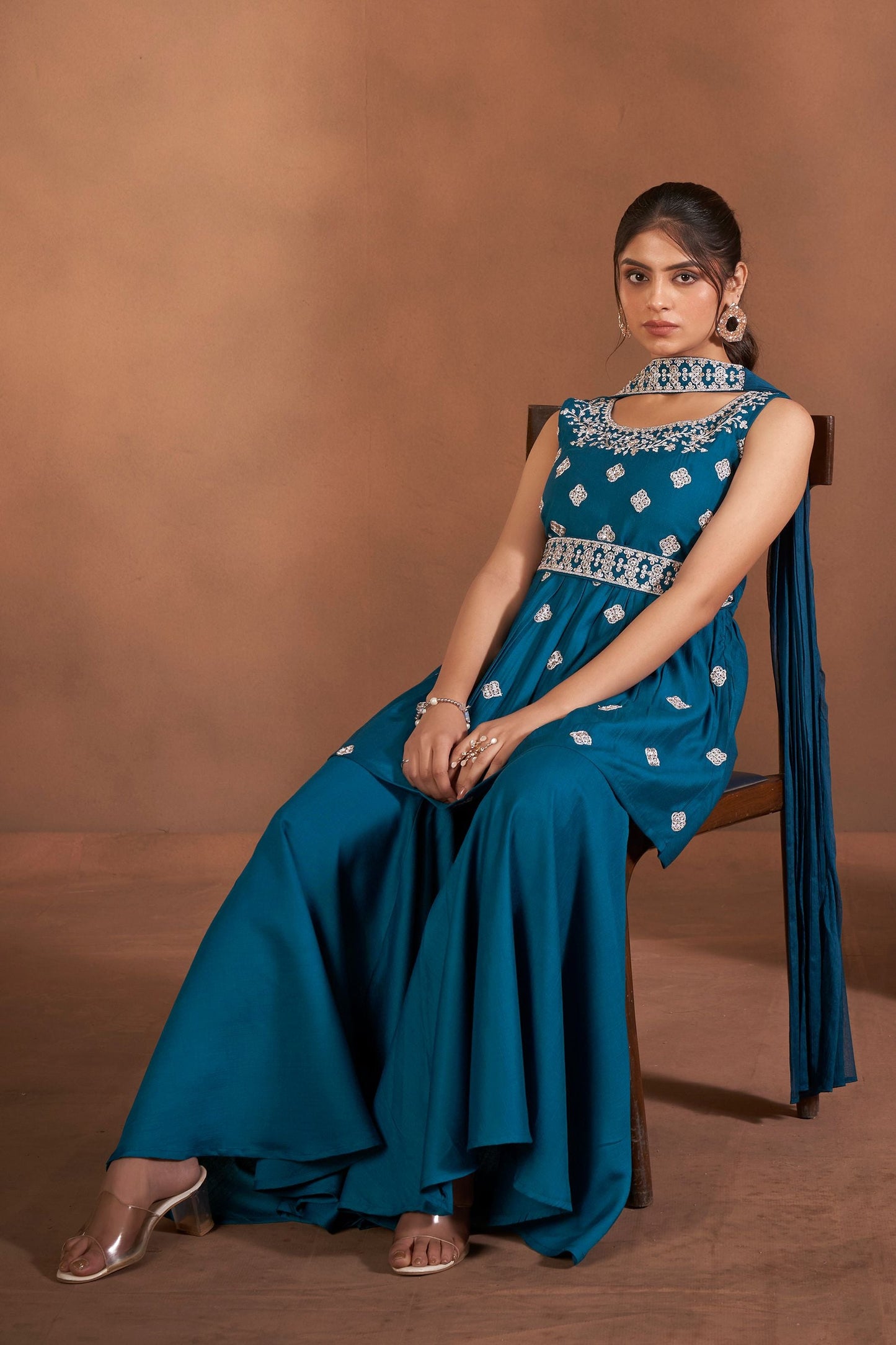 Dhiyona AN Floral Embroidered Thread Work Raw Silk Kurta With Sharara And Dupatta