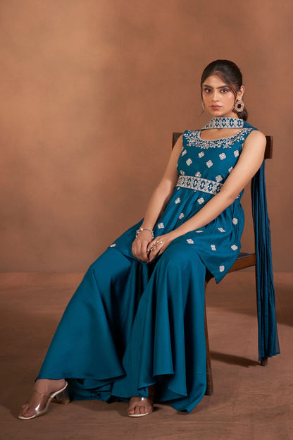 Dhiyona AN Floral Embroidered Thread Work Raw Silk Kurta With Sharara And Dupatta