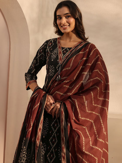 Black Ethnic Printed Cotton Straight Suit Set with Dupatta
