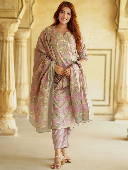 Dhiyona KL Floral Printed Thread Work Pure Cotton Straight Kurta With Trousers & Dupatta