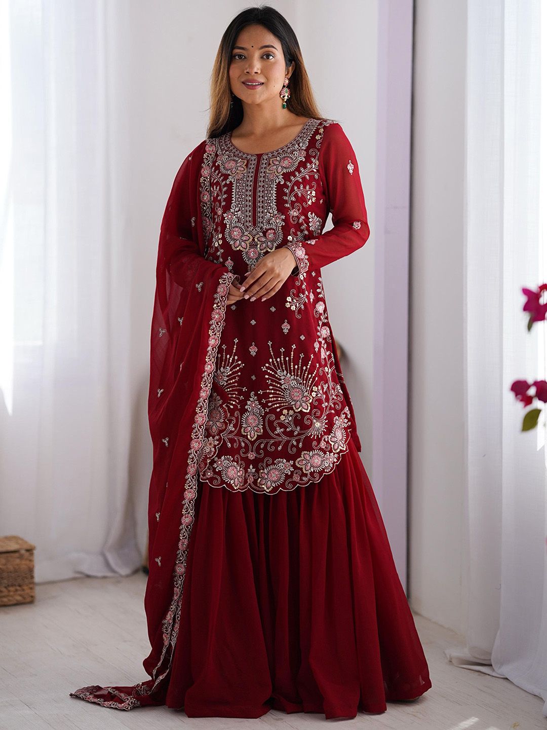 Dhiyona KL Ethnic Motifs Embroidered Sequinned Straight Kurta With Sharara And Dupatta