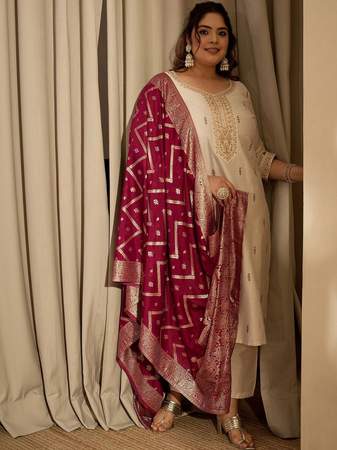 Plus Size Ethnic Embroidered Regular Kurta with Trousers & With Dupatta