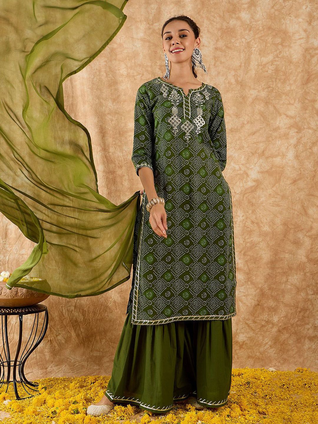 Dhiyona IE Ethnic Motifs Printed Straight Gotta Patti Kurta with Sharara & Dupatta
