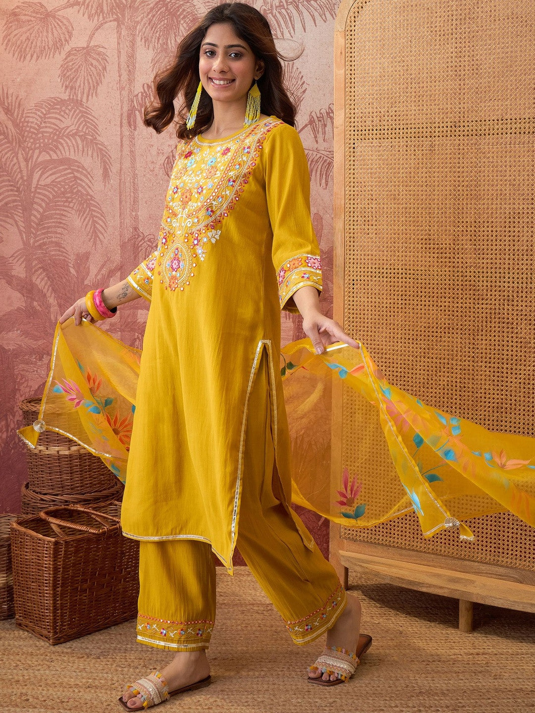 Embroidered Silk Blend Round Neck Kurta & Trousers With Dupatta