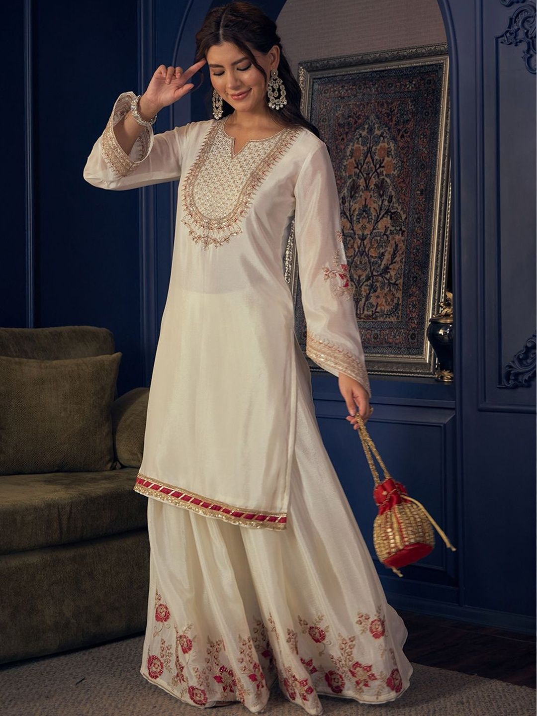 Dhiyona CH Women Ethnic Motifs Embroidered Regular Thread Work Kurta with Sharara