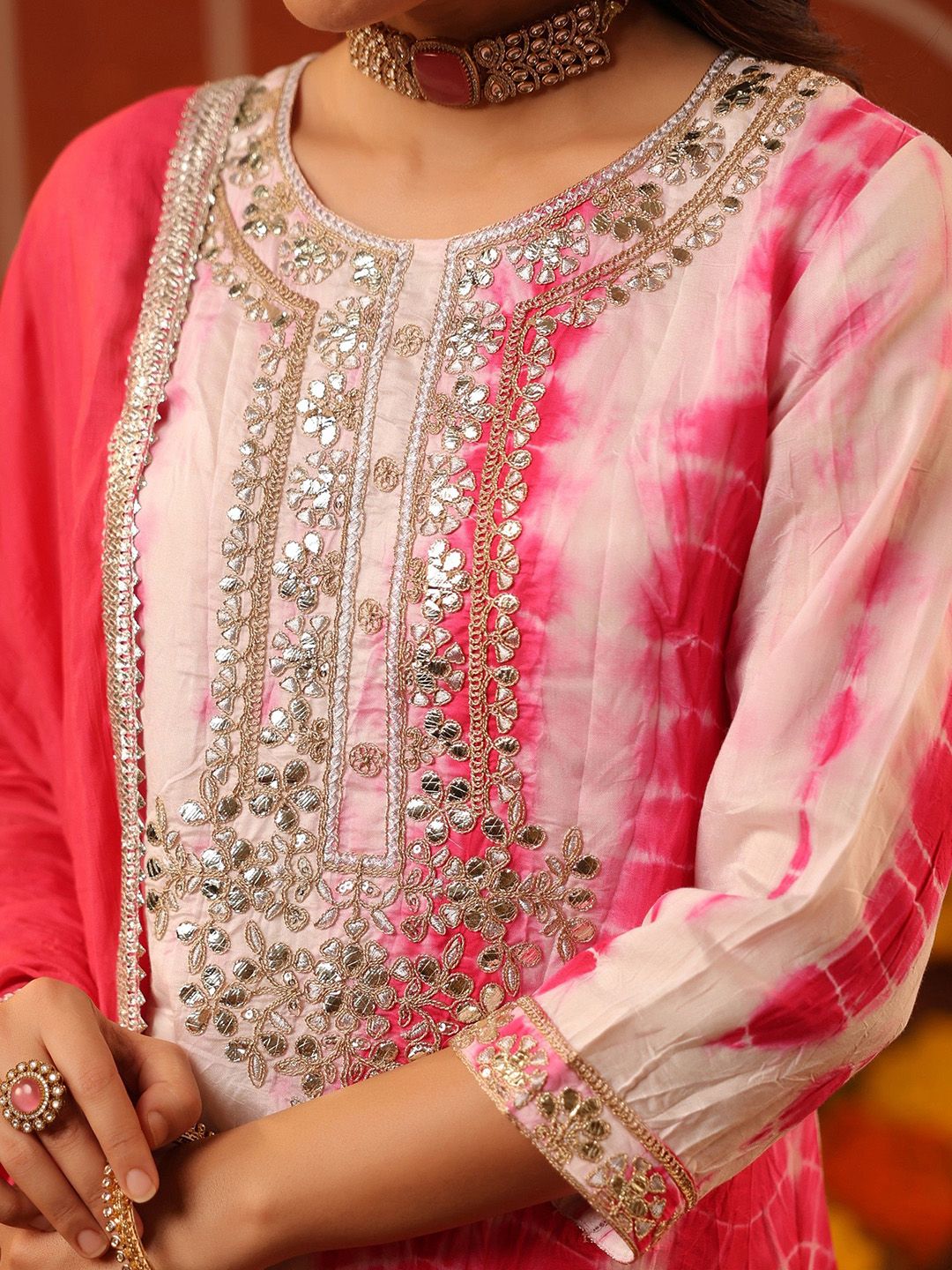 Dhiyona SC Women Fuchsia Shibori Chanderi Silk Embroidered Sharara Set
