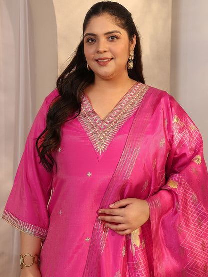 Dhiyona Women's Plus Size Ethnic Motifs Embroidered Kurta with Trouser & Dupatta
