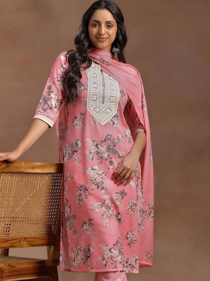Women Floral Printed Regular Thread Work Kurta with Trousers & With Dupatta