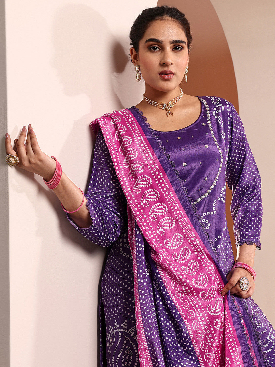 Women Bandhani Printed Regular Kurta with Trousers & Dupatta