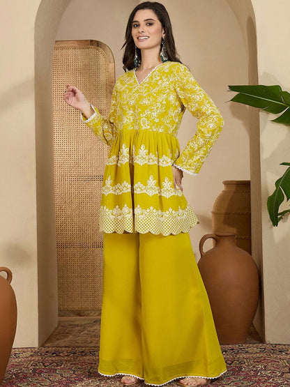 Embroidered V- Neck Kurta & Palazzos