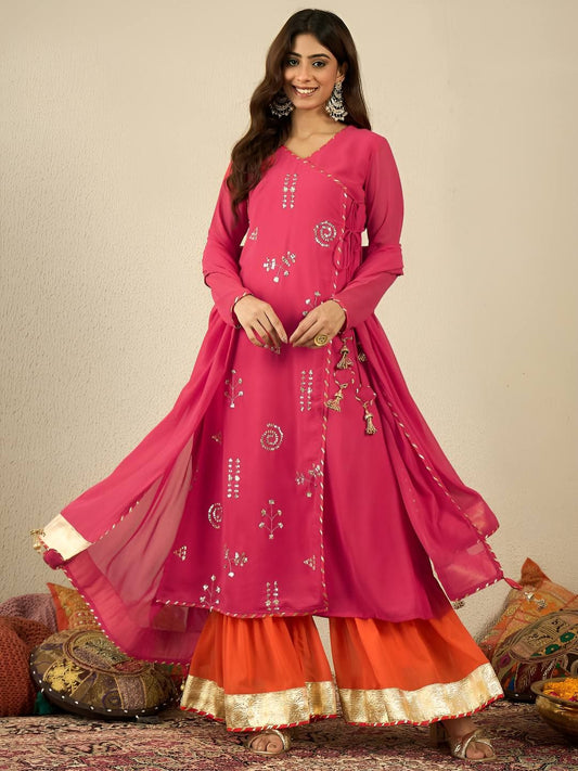 Dhiyona IN Women Ethnic Motifs Embroidered Angrakha Kurta with Palazzos & With Dupatta