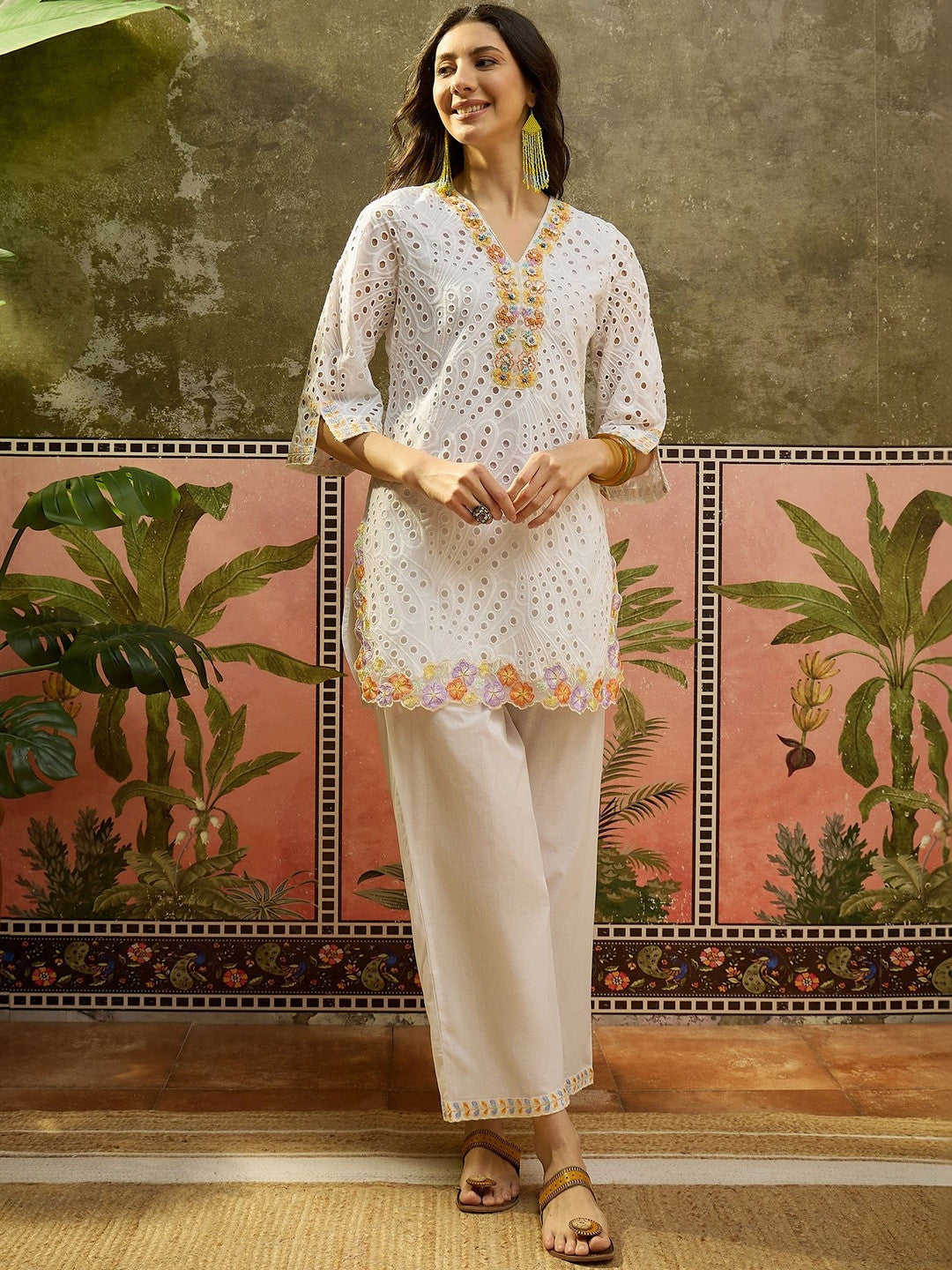 Embroidered Pure Cotton V-Neck Kurti & Trousers