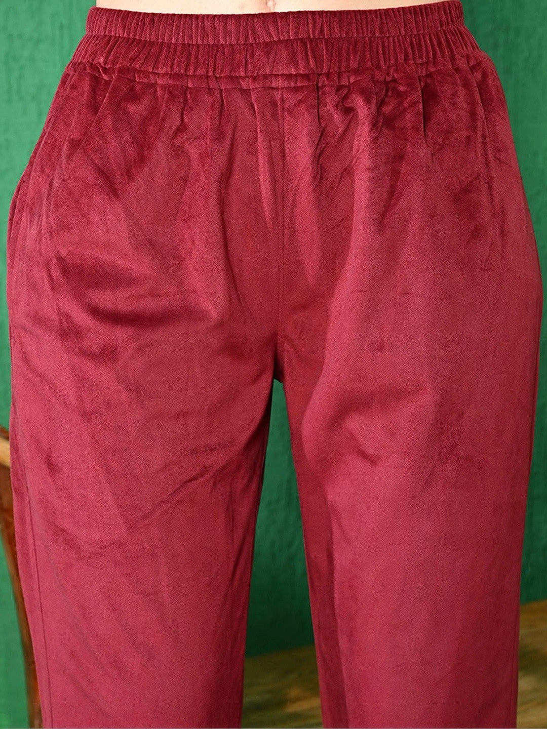 Maroon Floral Printed Winter Velvet Kurta & Trouser With Dupatta