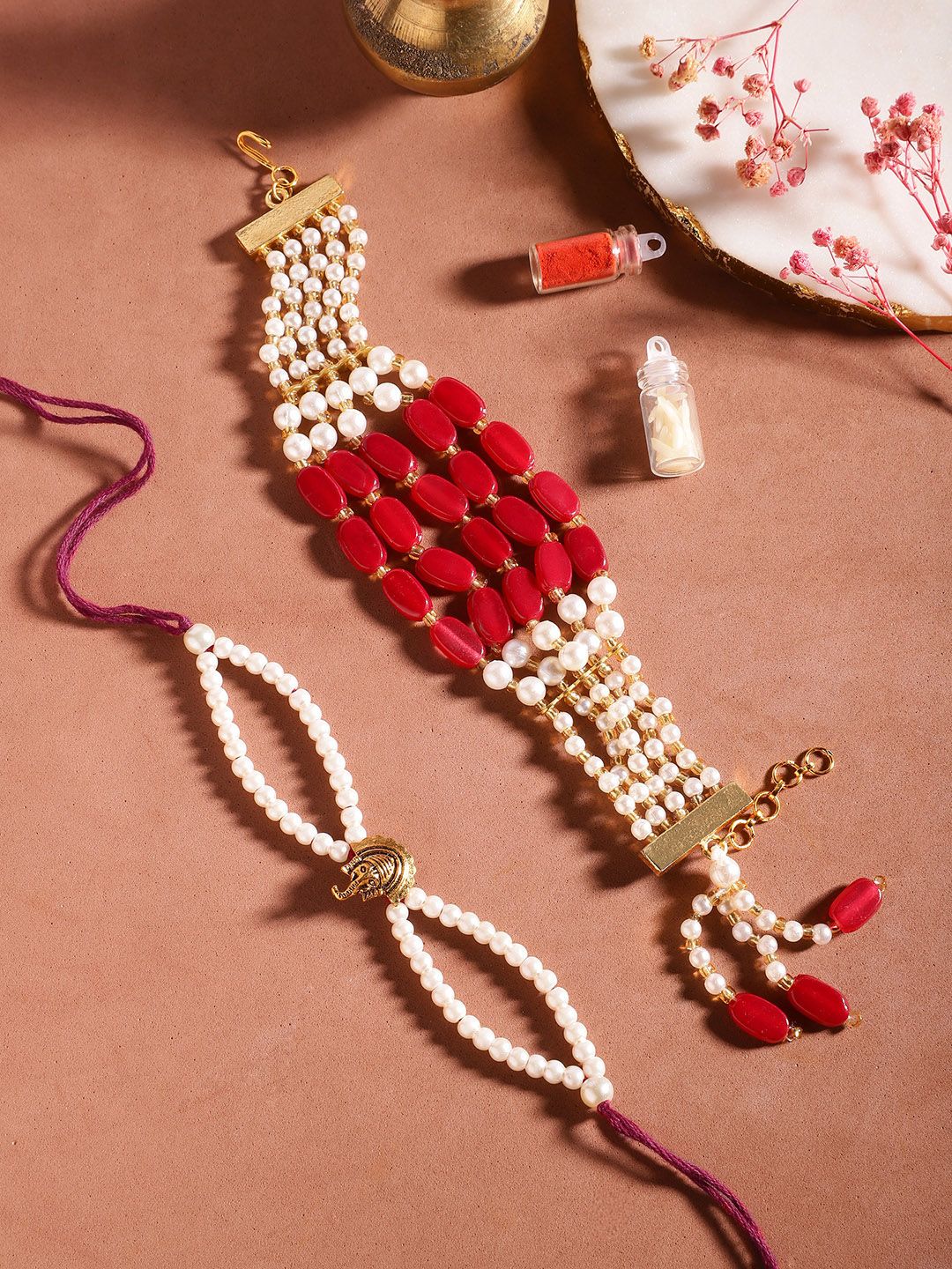 Dhiyona Unisex Set of 2 Beaded Bhai Bhabhi Rakhis With Roli & Chawal