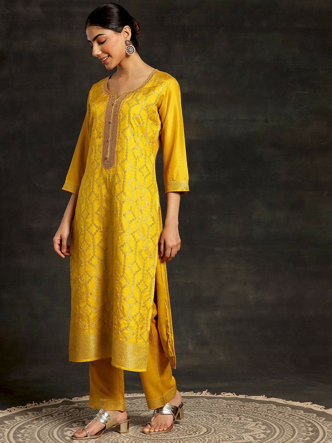 Women's LB Mustard Woven Design Silk Blend Straight Suit With Dupatta