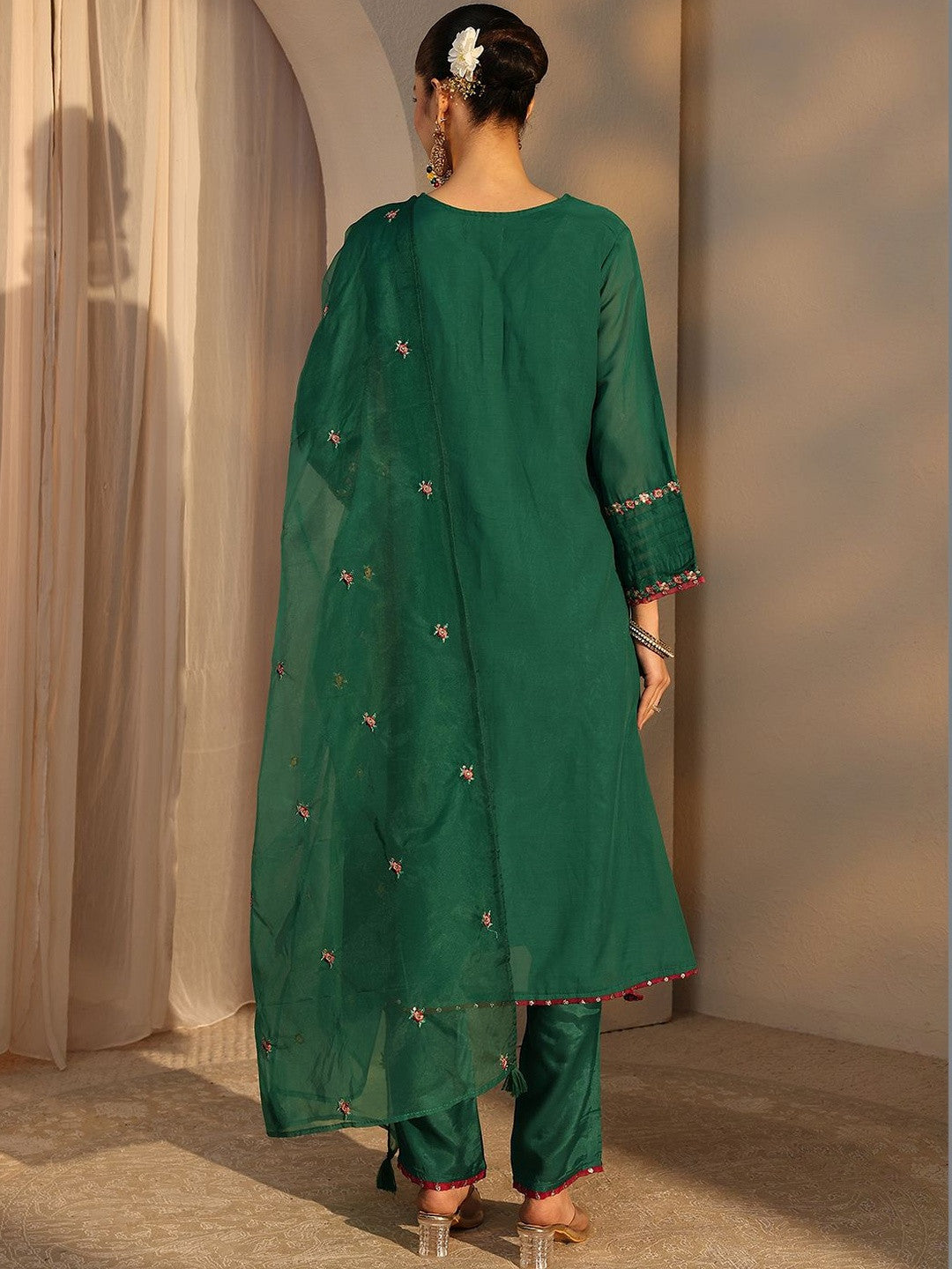 Women Ethnic Motifs Embroidered Regular Chanderi Cotton Kurta with Trousers & With Dupatta
