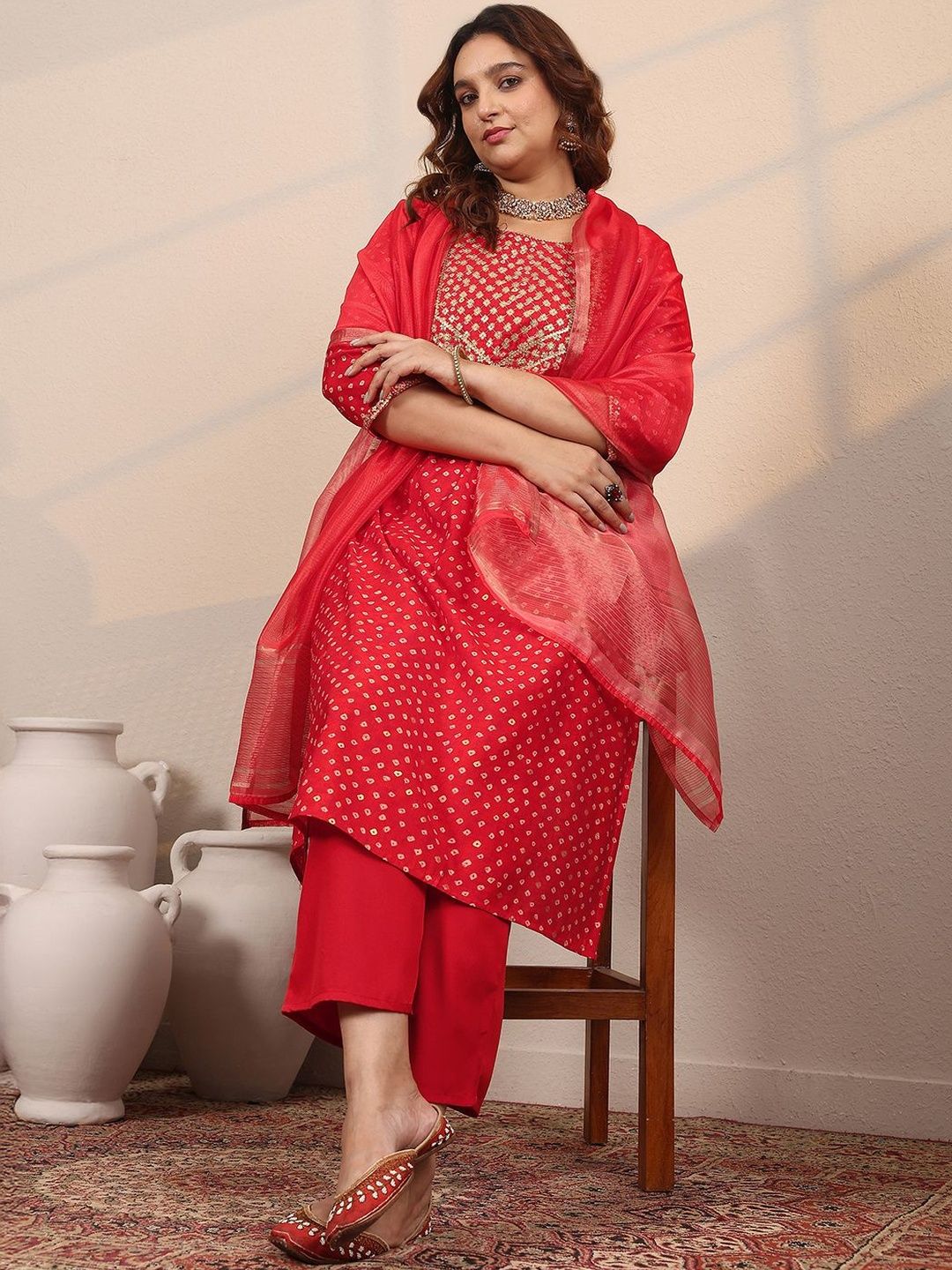 Dhiyona Women's Plus Size Bandhani Printed Regular Kurta with Trousers & Dupatta