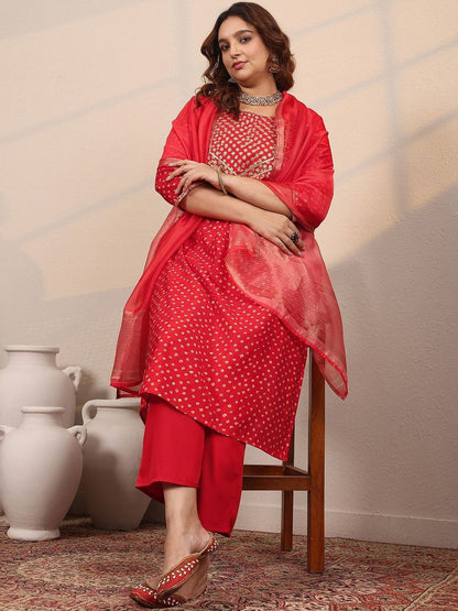 Dhiyona Women's Plus Size Bandhani Printed Regular Kurta with Trousers & Dupatta