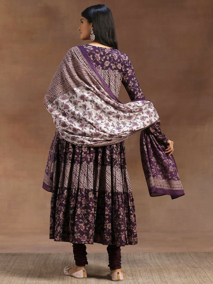 Women's LB Purple Printed Cotton A-Line Kurta With Churidar & Dupatta