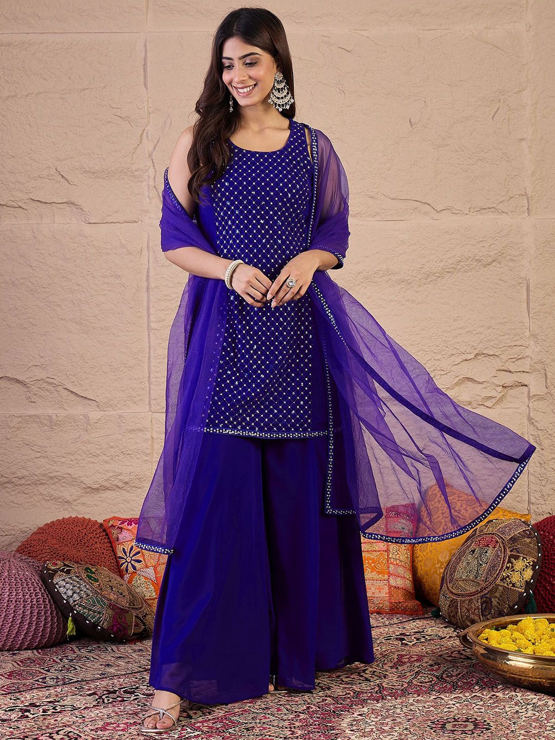Dhiyona IN Embroidered Round Neck Sequinned Georgette Kurta With Palazzos & Dupatta