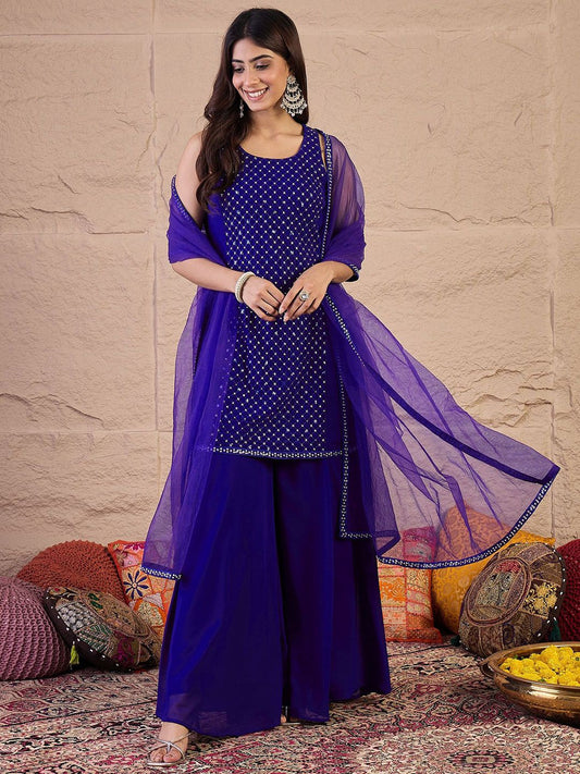 Dhiyona IN Embroidered Round Neck Sequinned Georgette Kurta With Palazzos & Dupatta
