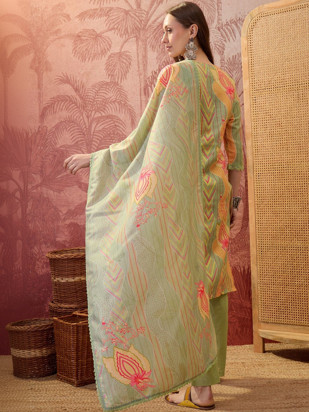 Floral Printed Round Neck Lace Hem Kurta & Trousers With Dupatta