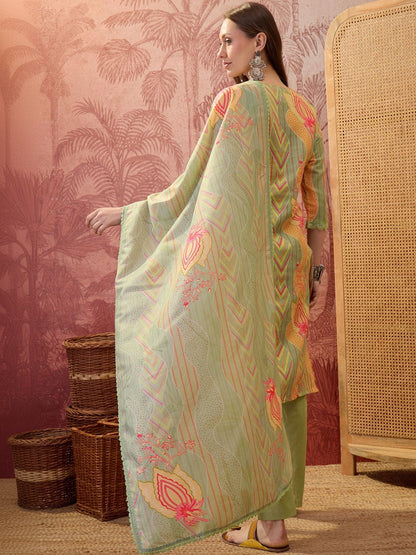 Floral Printed Round Neck Lace Hem Kurta & Trousers With Dupatta