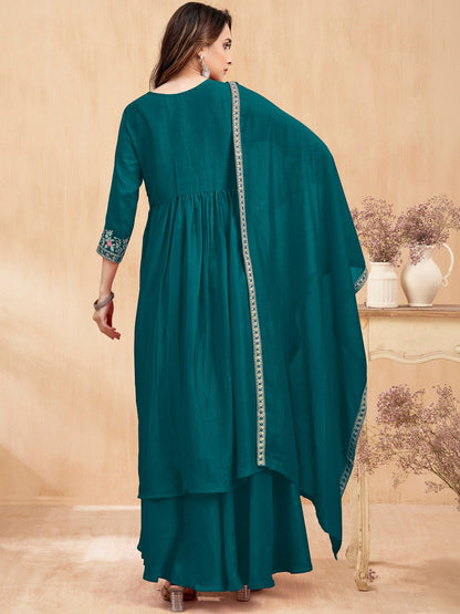 Embroidered V-Neck Kurta & Palazzos With Dupatta
