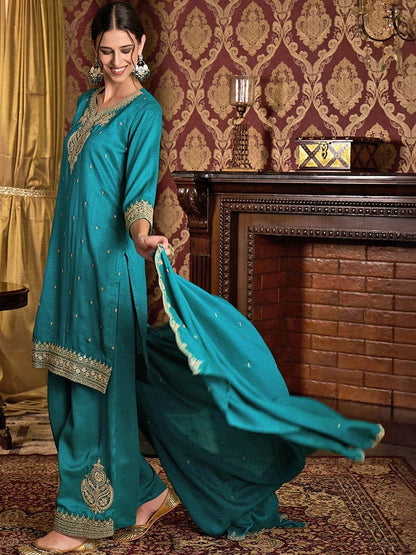 Dhiyona CH Ethnic Motifs Embroidered V-Neck Straight Kurta With Patiala & Dupatta