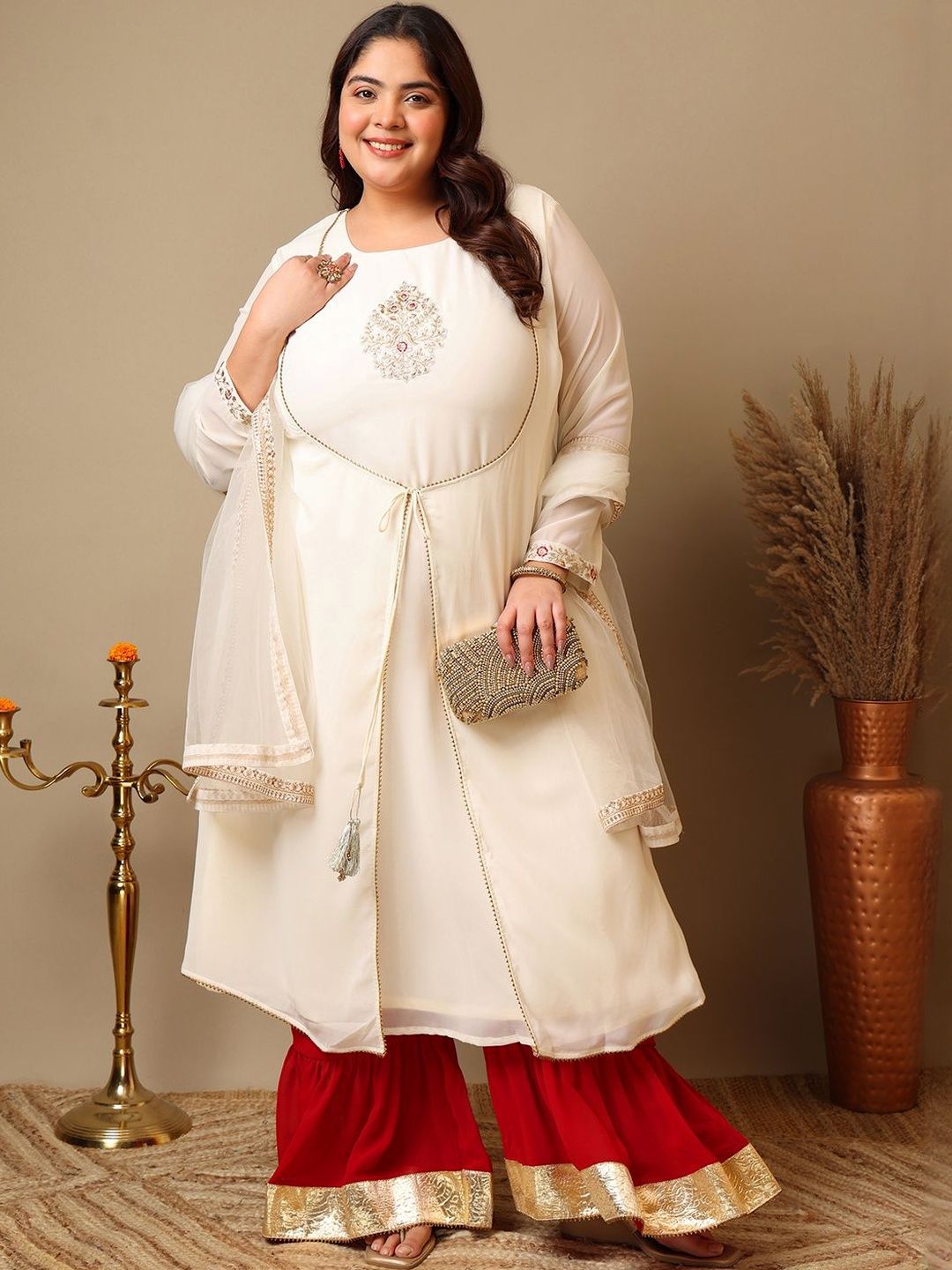 Dhiyona IN Ethnic Motifs Embroidered Panelled A-Line Zari Kurta With Sharara & Dupatta
