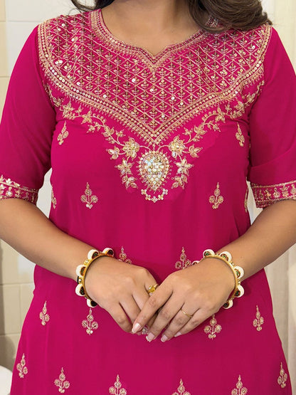Dhiyona KL Ethnic Motifs Embroidered Sequinned Georgette Straight Kurta With Sharara & Dupatta