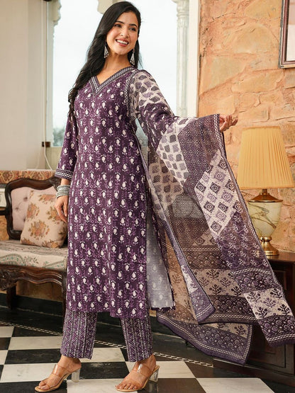 Dhiyona KL Ethnic Motifs Printed Straight Kurta With Trouser & Dupatta