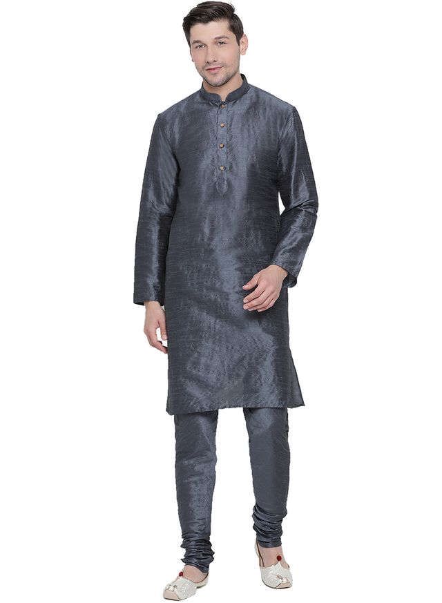 Men's Grey Silk Blend Straight Kurta Pyjama Set