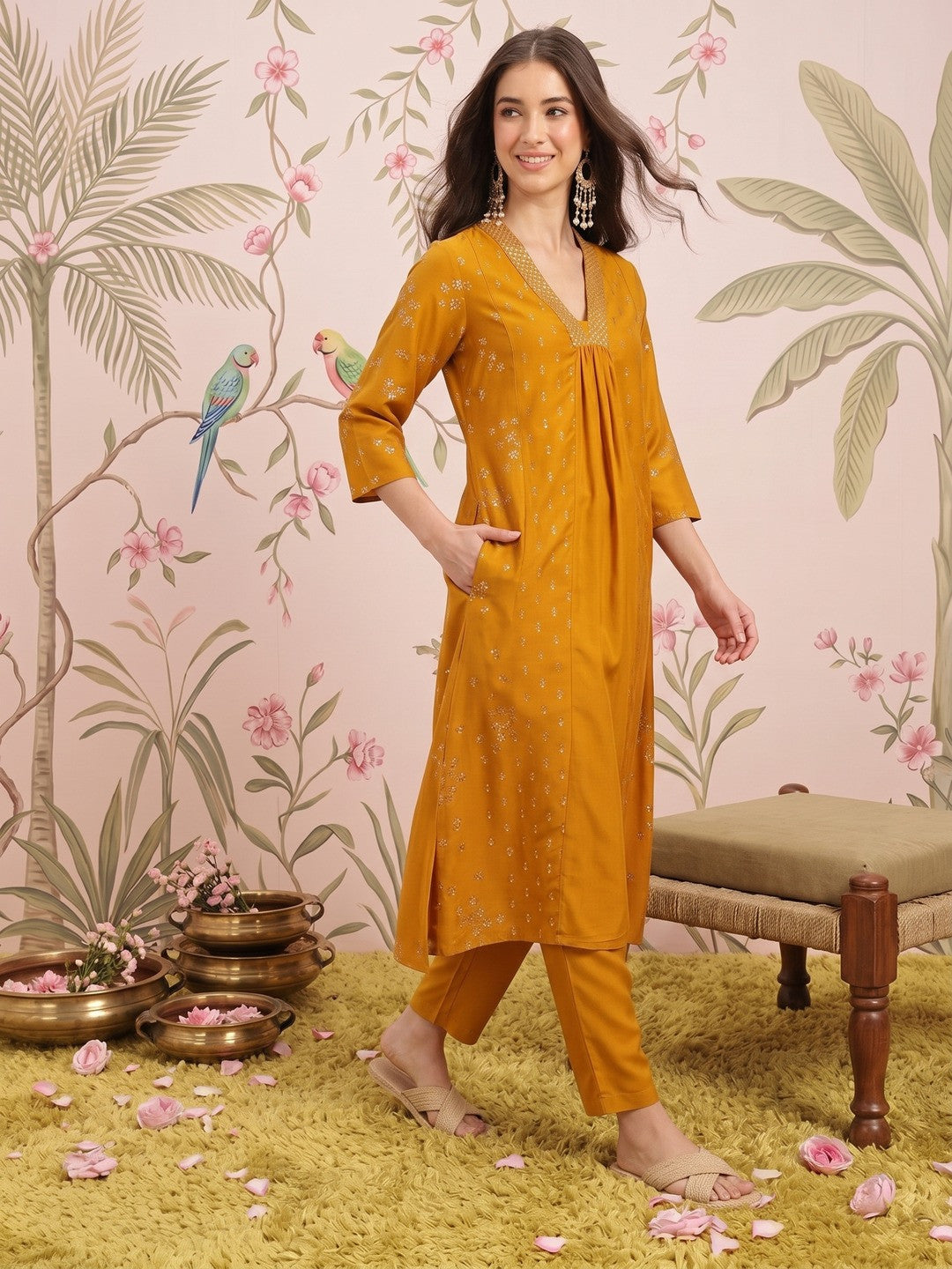 Dhiyona SN Ethnic Motifs Printed Regular A-Line Kurta with Trousers