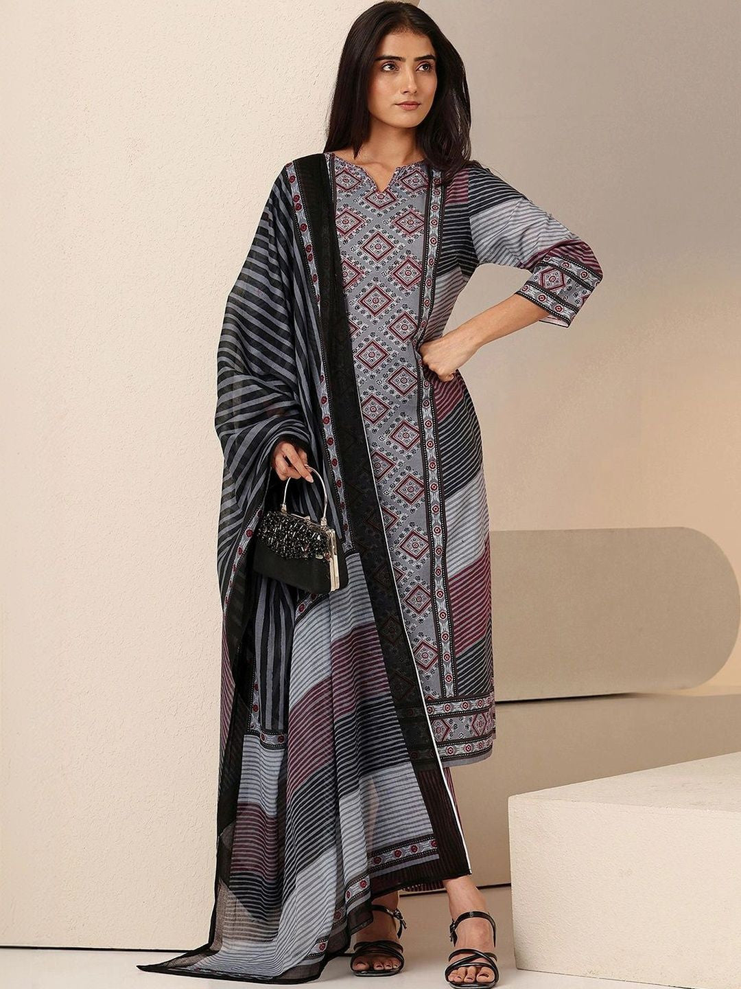Grey Ajrakh Print Straight Cotton Suit Set