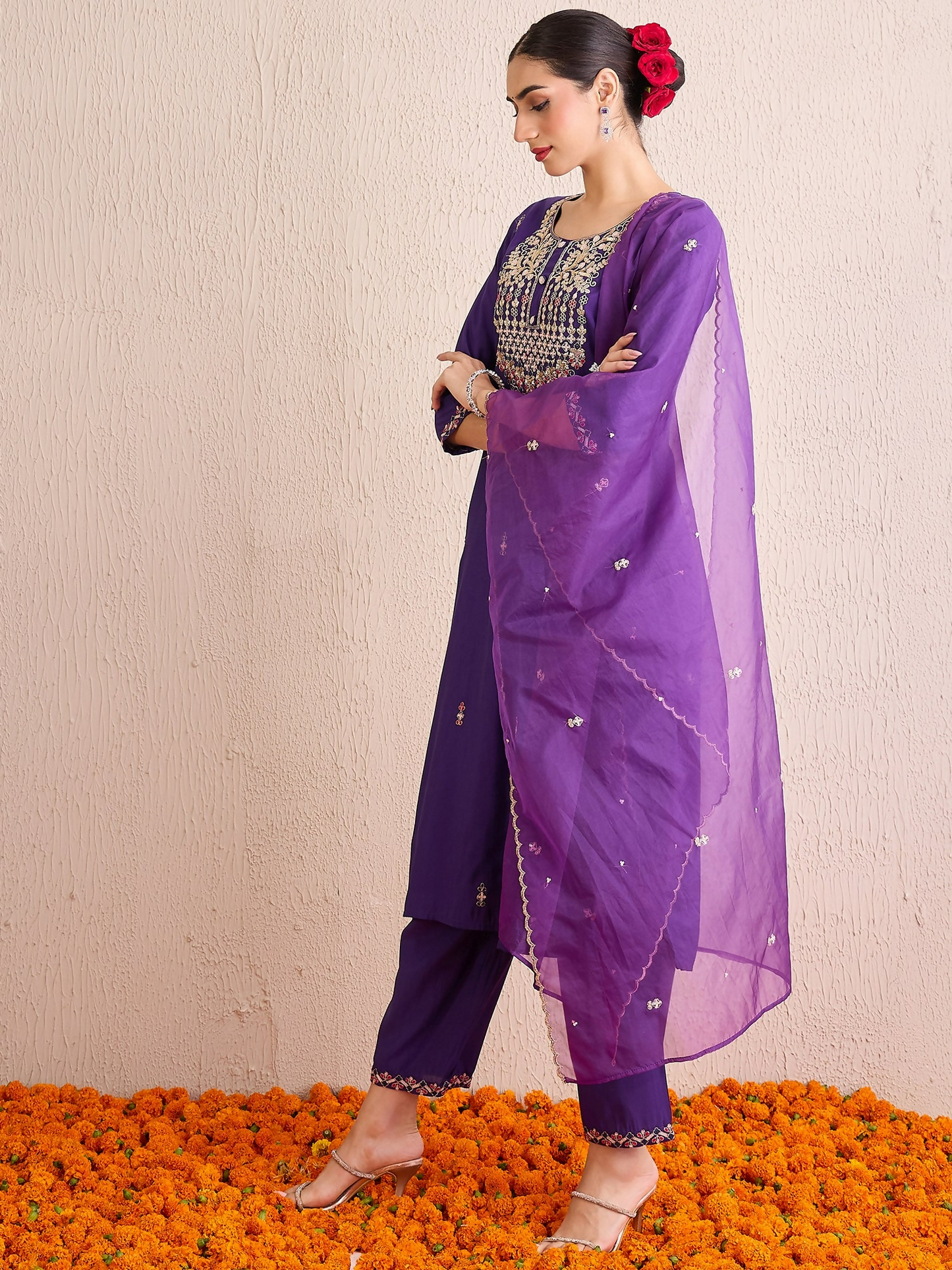 Women's Purple Embroidered Straight Kurta Trousers With Dupatta Set